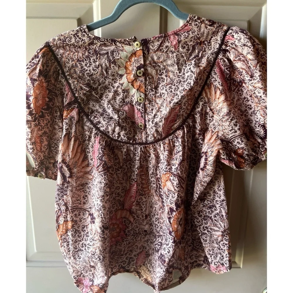 Madewell Brown Bali Blooms Yoked Puff Sleeve Blouse Top EUC M #1059